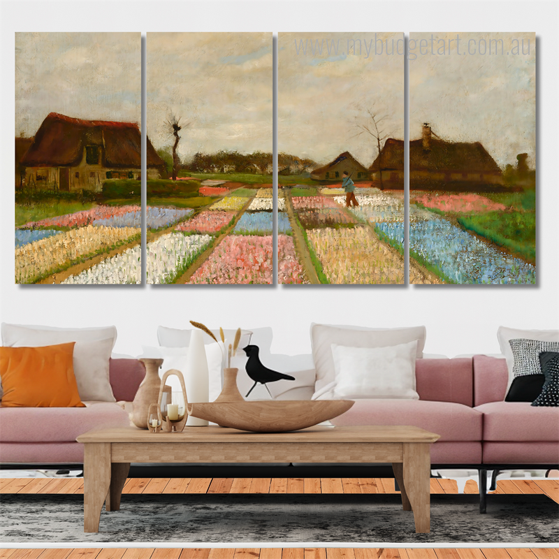 Bulb Fields Landscape Modern Stretched Painting Pictures 4 Piece Framed Canvas Wall Art Prints Set For Living Room Decoration Ideas